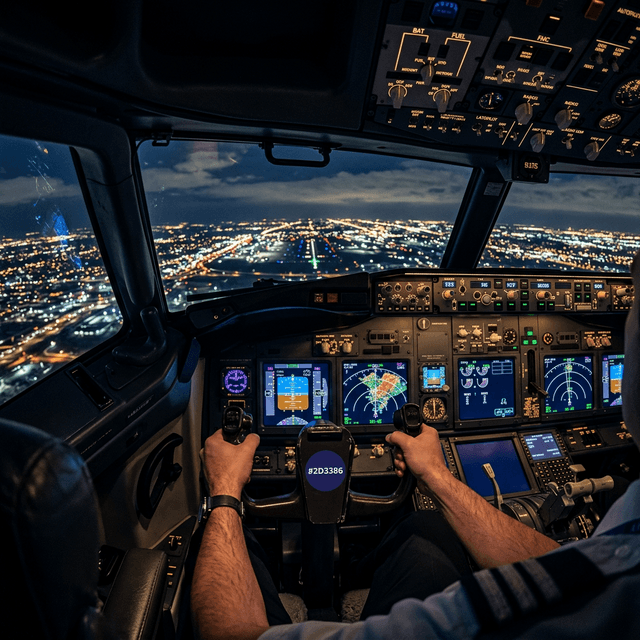 Flight simulator cockpit at night
